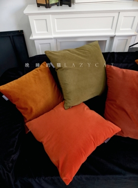 晚睡的猫橙色金棕焦糖色丝绒靠垫沙发抱枕靠枕法式美式中古风