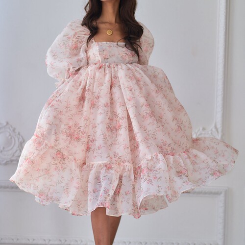 Bubble sleeve tie-dye princess dress 泡泡袖扎染碎花公主裙女