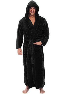 男士连帽冬季长袖睡袍长款浴袍