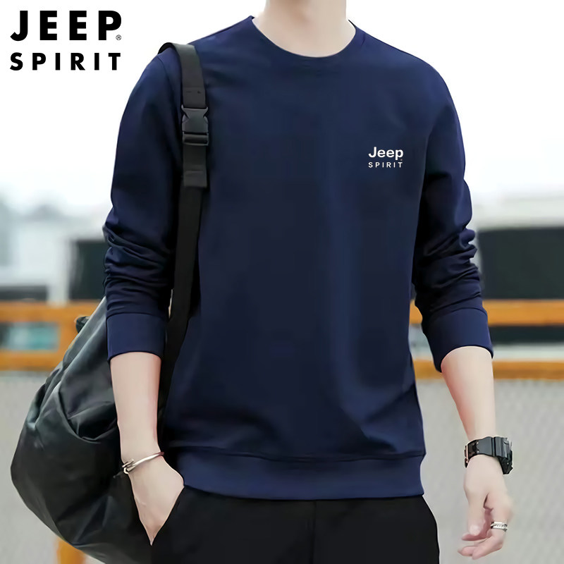 JEEP吉普卫衣男春秋新款圆领长袖咖色大码套头打底衫男装休闲上衣