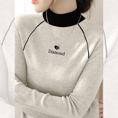 撞色拼接半高领长袖打底衫女2025新款米灰色双面德绒内搭米灰上衣