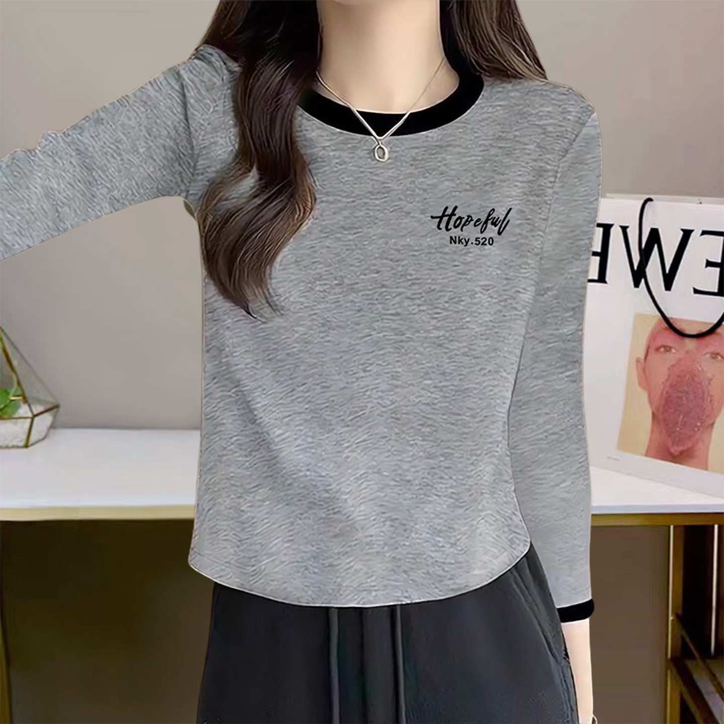 高级灰撞色长袖T恤女装小个子百搭设计感打底衫2025秋装纯棉上衣