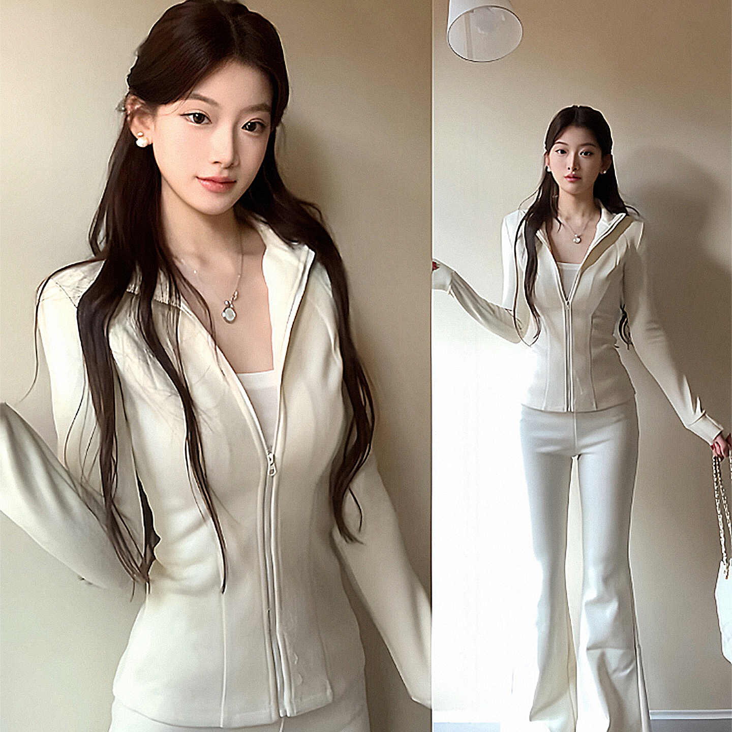 2025冬季新款一整套休闲白色运动长袖套装气质感外套喇叭裤一整套