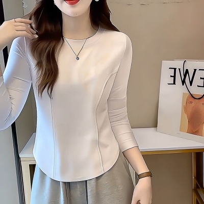 纯色百搭长袖纯棉小个子T恤女2025冬季新款弧形显瘦打底鱼骨上衣