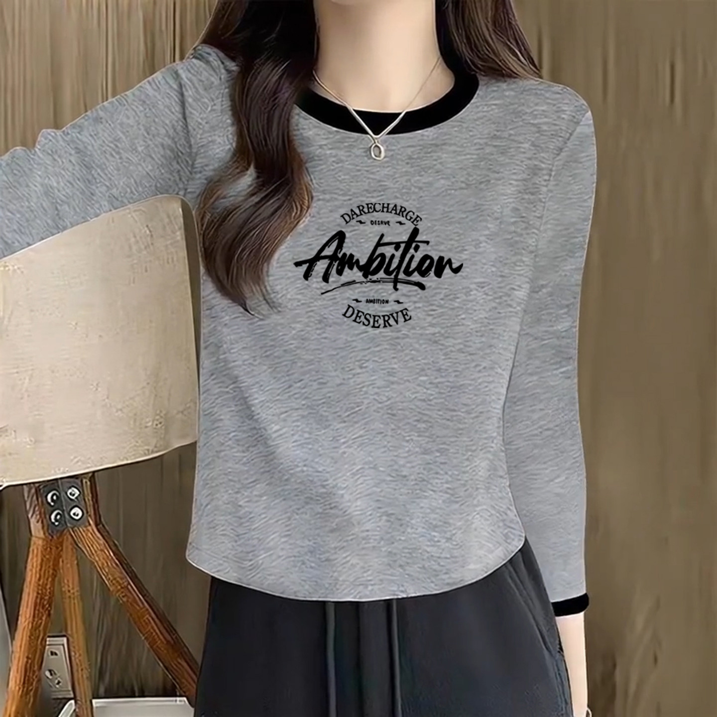 小个子薄款螺纹长袖T恤女2026秋季新款洋气撞色领休闲显瘦上衣服