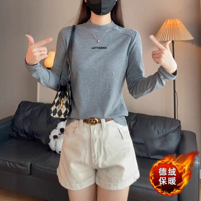 高级灰长袖德绒加厚T恤女2025年冬季正肩鱼骨线修身显瘦休闲上衣