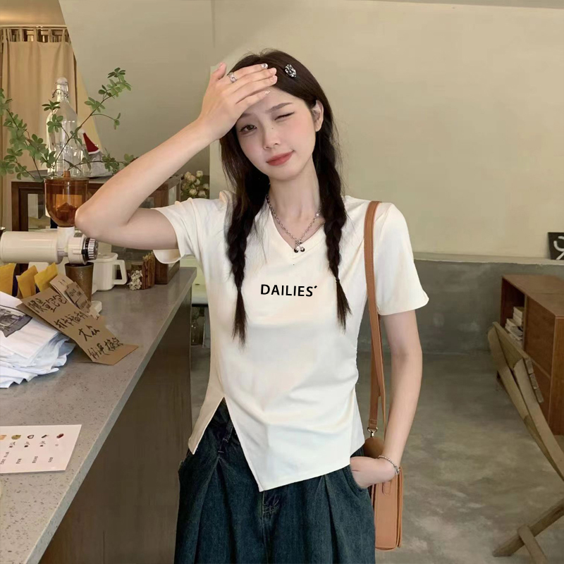 纯棉不规则开叉t恤女2025夏季甜辣风V领短袖设计感修身体恤短上衣