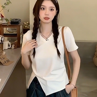 2025夏季纯棉正肩显瘦小个子开叉下摆女设计感不规则短袖T恤上衣