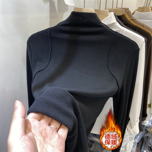 黑色德绒半高领内搭打底衫女秋冬新款高级感修身磨毛长袖t恤上衣