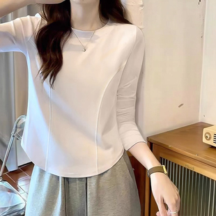 2026春季白色长袖小个子T恤女修身显瘦不规则辣妹装弧形打底上衣