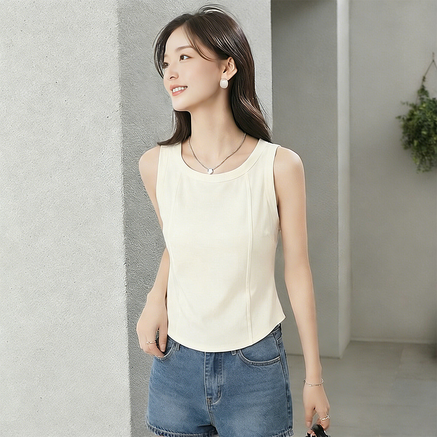 简约圆领背心女内搭外穿短款弧形修身无袖上衣轻露肤螺纹2026夏装