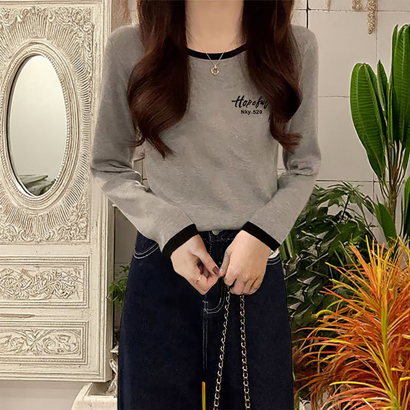 高级灰撞色圆领长袖正肩2026春装内搭T恤女打底衫小个子时髦上衣,女装/女士精品,T恤,淘宝优惠券,粉丝福利购,淘宝优惠卷