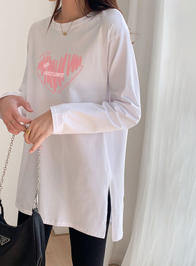 2025冬季磨毛纯棉长袖T恤女中长款宽松开叉加厚显瘦打底白色上衣