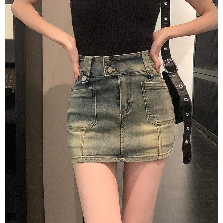 辣妹高腰短裙复古牛仔半身裙女春季防走光裙裤半裙小个子包臀裙子
