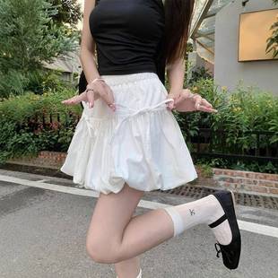 新款 甜美气质蝴蝶结灯笼花苞褶皱蓬蓬蛋糕裙夏季 高腰防走光短裙女