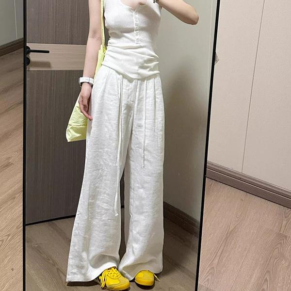 加长白色苎麻阔腿裤女2025夏季新款高腰棉麻宽松直筒亚麻休闲裤子