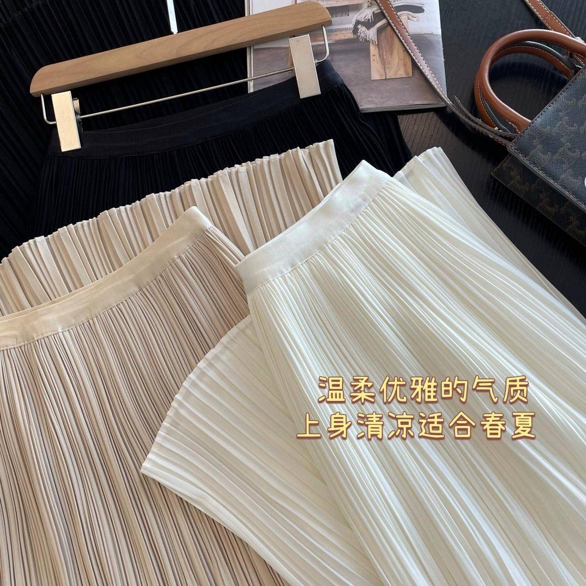 奢侈罕见意大利纱料 珠光感半裙超细菱格抗皱显瘦百褶伞裙半身裙