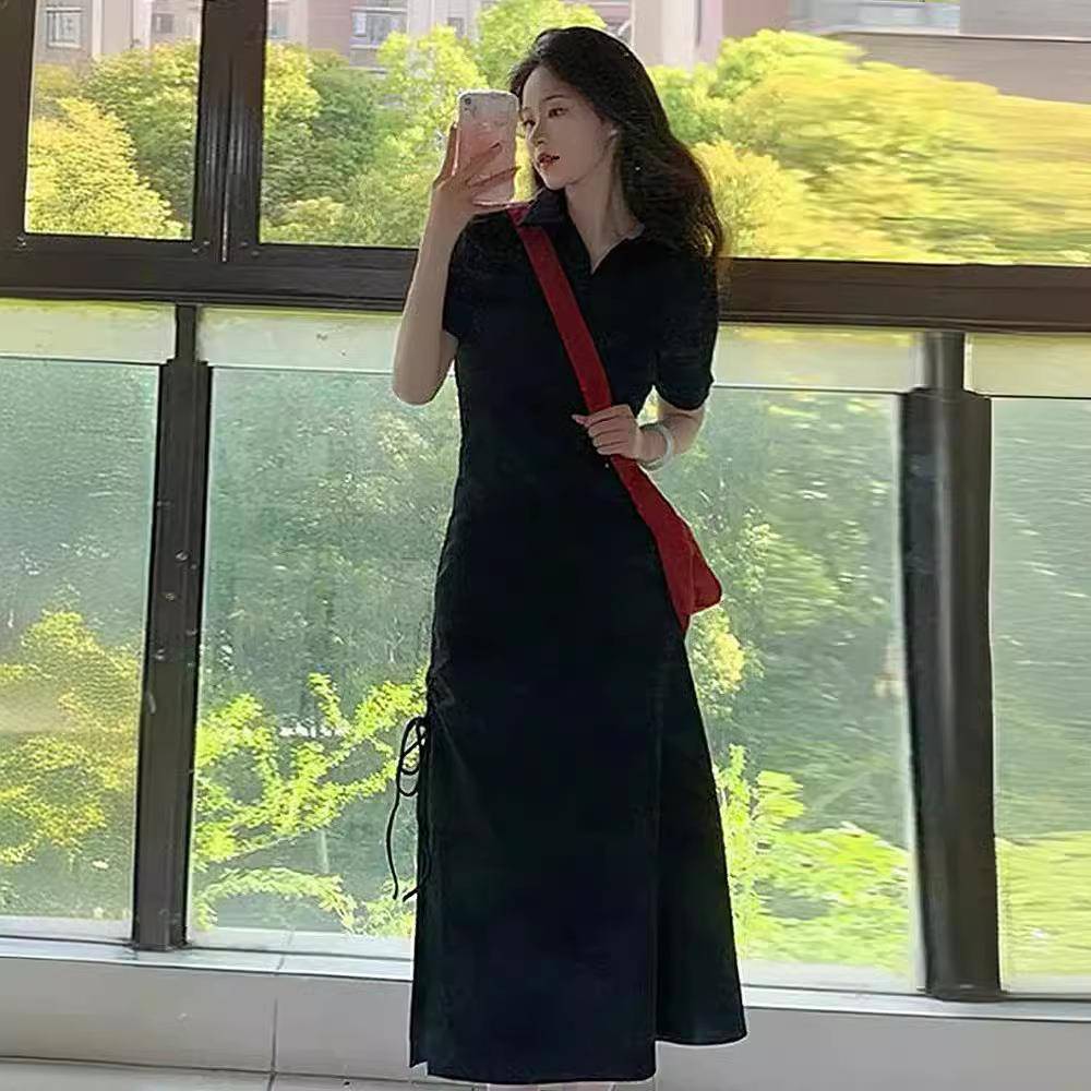法式高级感别致绝美黑色连衣裙子2025新款女装夏季遮肚子显瘦长裙