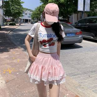 A字显瘦防走光蓬蓬半身短裙 甜美少女感蕾丝拼接格纹蛋糕裙女夏季