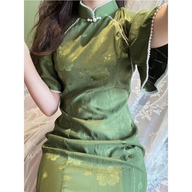 墨绿色提花缎倒大袖晚清旗袍女2024夏季复古民国风改良连衣裙气质