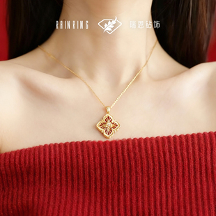 瑞恩钻饰四叶草18K金天然真钻红玛瑙吊坠项链送女友情人节新年礼