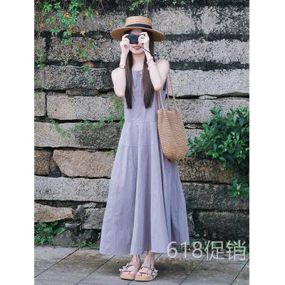 高级感灰紫色无袖洋装女2026夏季海边度假吊带长裙收腰背心裙子
