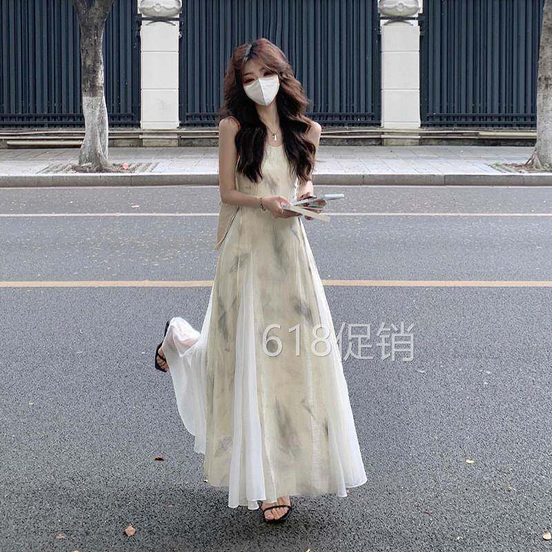 新中式吊带洋装女小众设计感2025夏新款巨好看水墨气质国风长裙