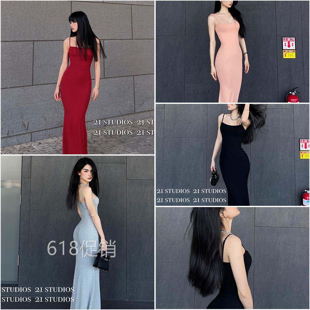 卡戴珊同样的夏天束腰性感辣妹苗条Look紧身黑色吊带裙女士长裙