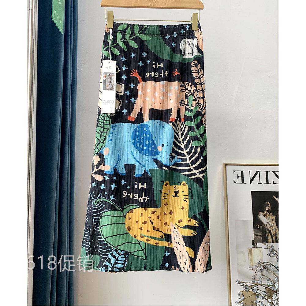 复古印花百褶皱半身裙女春季中长款侧边口袋A字裙彩色动物图案裙