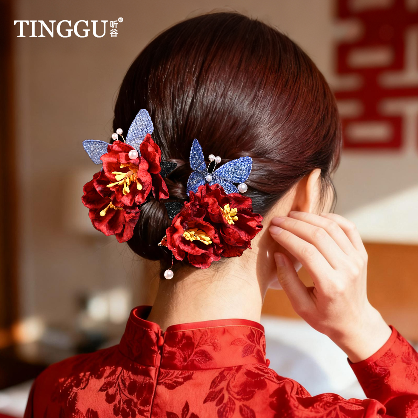 中式红色订婚发夹女新娘头饰发饰