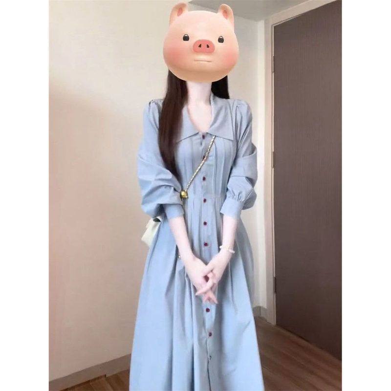 法式甜美学院风polo领超仙衬衫连衣裙女学生秋季收腰绑带气质长裙