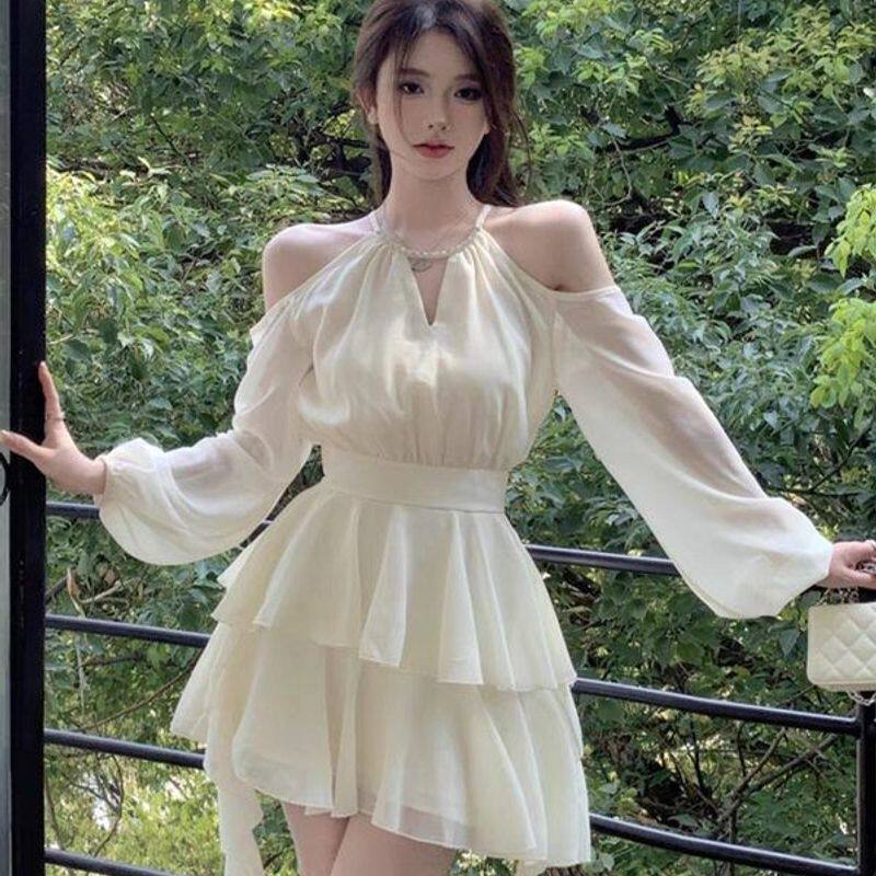 法式白色长袖连衣裙仙女夏季仙气收腰雪纺短裙荷叶边蛋糕a字裙子