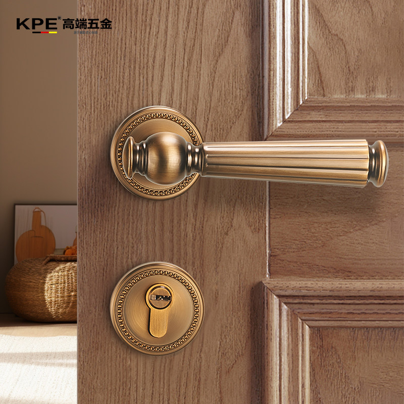KPE法式门锁室内覆古木门把手化妆室家用卧房黄古静音磁吸两件式