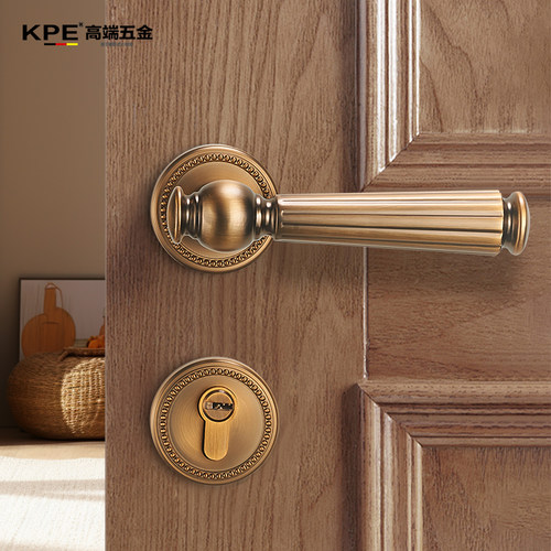 KPE法式门锁室内覆古木门把手化妆室家用卧房黄古静音磁吸两件式