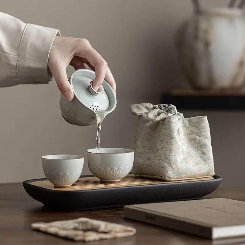 仿古浮雕莲瓣快客杯简约旅行茶具一壶两杯户外便携式功夫茶杯套装