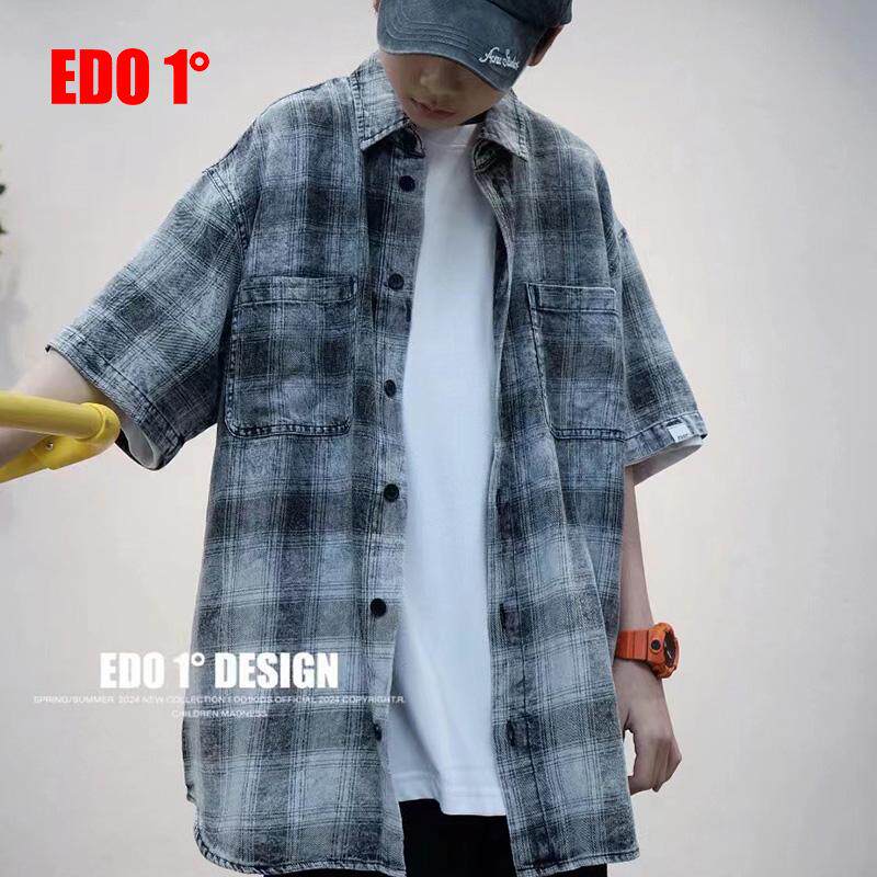 edo1一度童装outlets春夏款男女童时尚休闲格子牛仔衬衫短袖外套