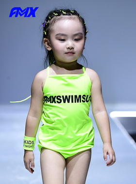 edo1一度旗下FMXoutlets儿童走秀泳装荧光连体吊带泳衣清仓游泳衣