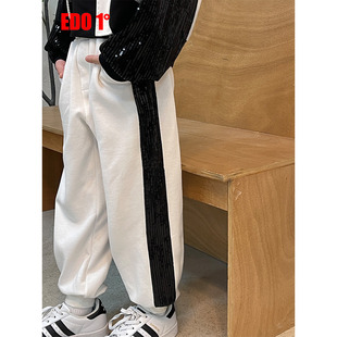 edo1一度童装outlets儿童拼色条纹休闲裤松紧腰束脚裤松弛感裤子