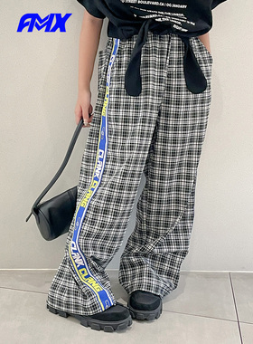 edo1一度旗下FMXoutlets黑白格纹休闲长裤夏季运动风阔腿裤薄款裤