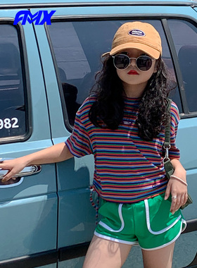 edo1一度旗下FMXoutlets儿童经典条纹圆领上衣宝宝夏款短袖抽绳