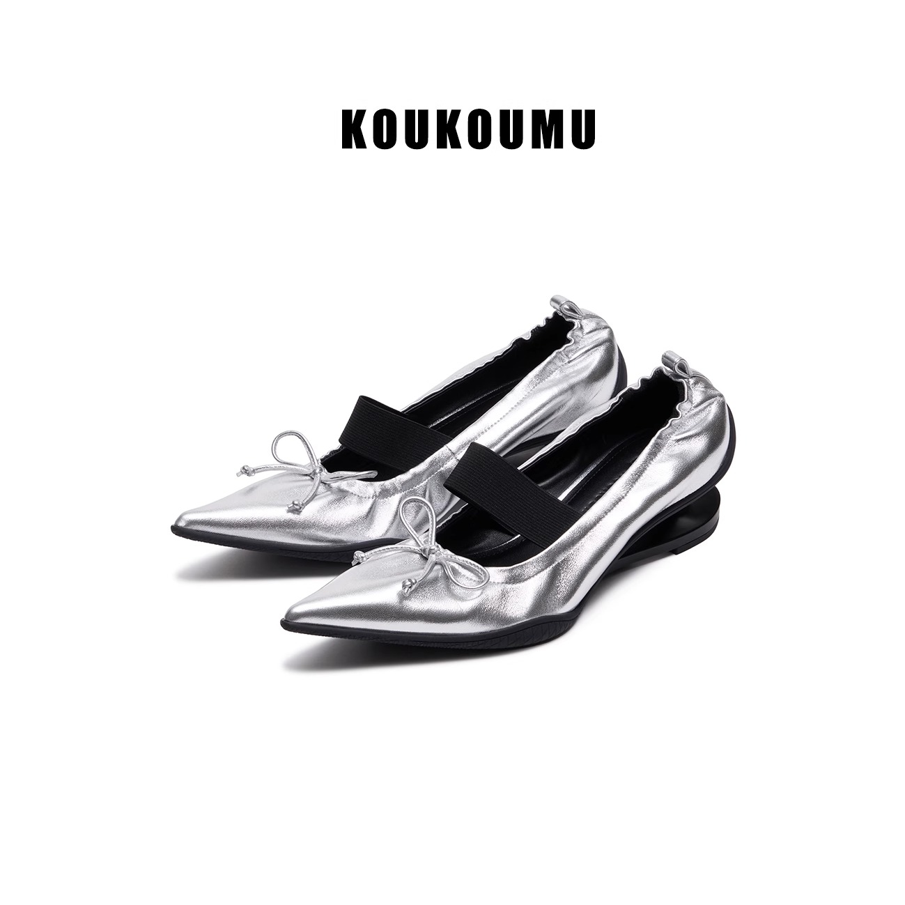 KOUKOUMU超软羊皮芭蕾鞋复古玛丽尖头蝴蝶结小猫跟异型跟中跟鞋