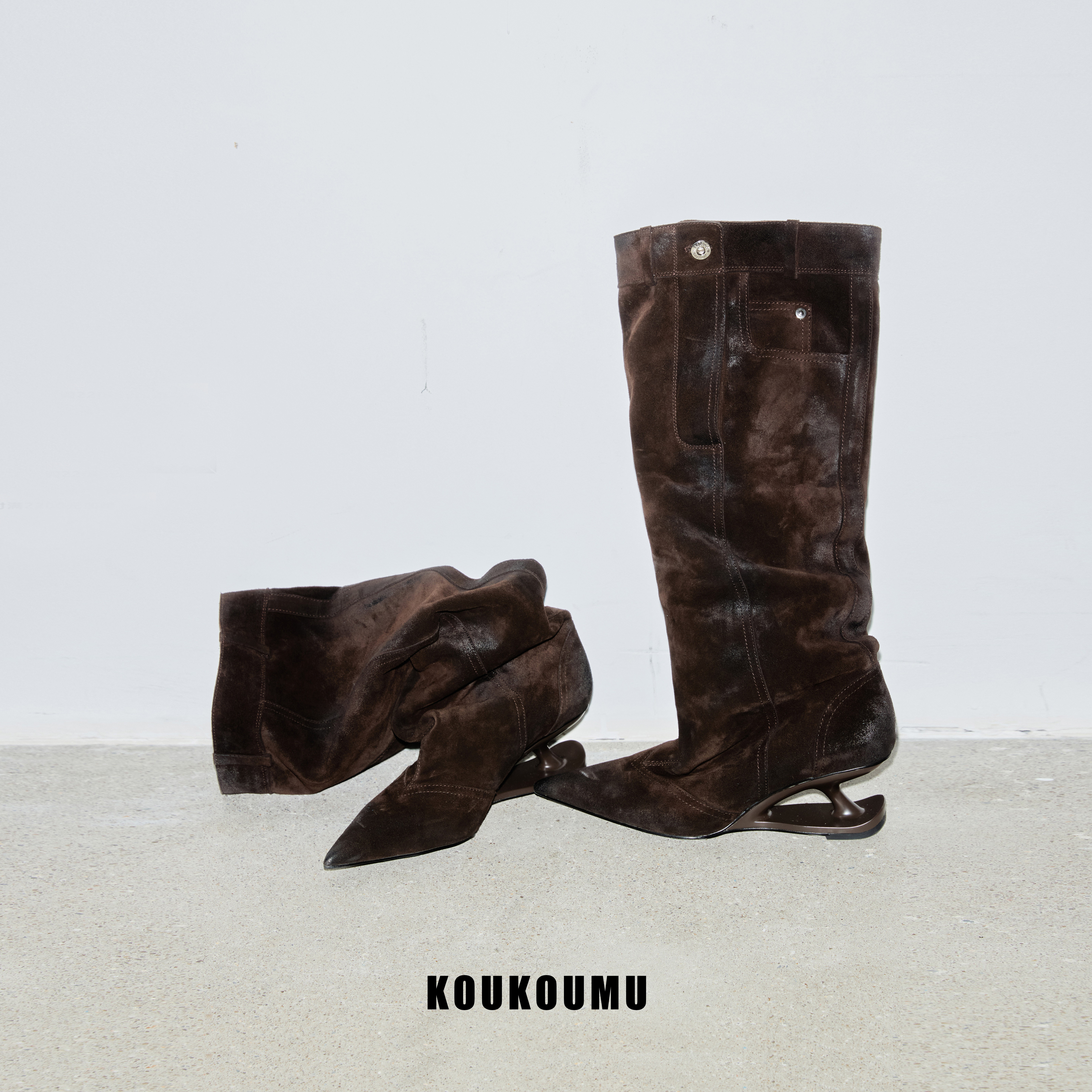 KOUKOUMU 秋冬小牛皮裤筒设计 宽筒堆堆靴 尖头 悬浮跟 高跟长靴