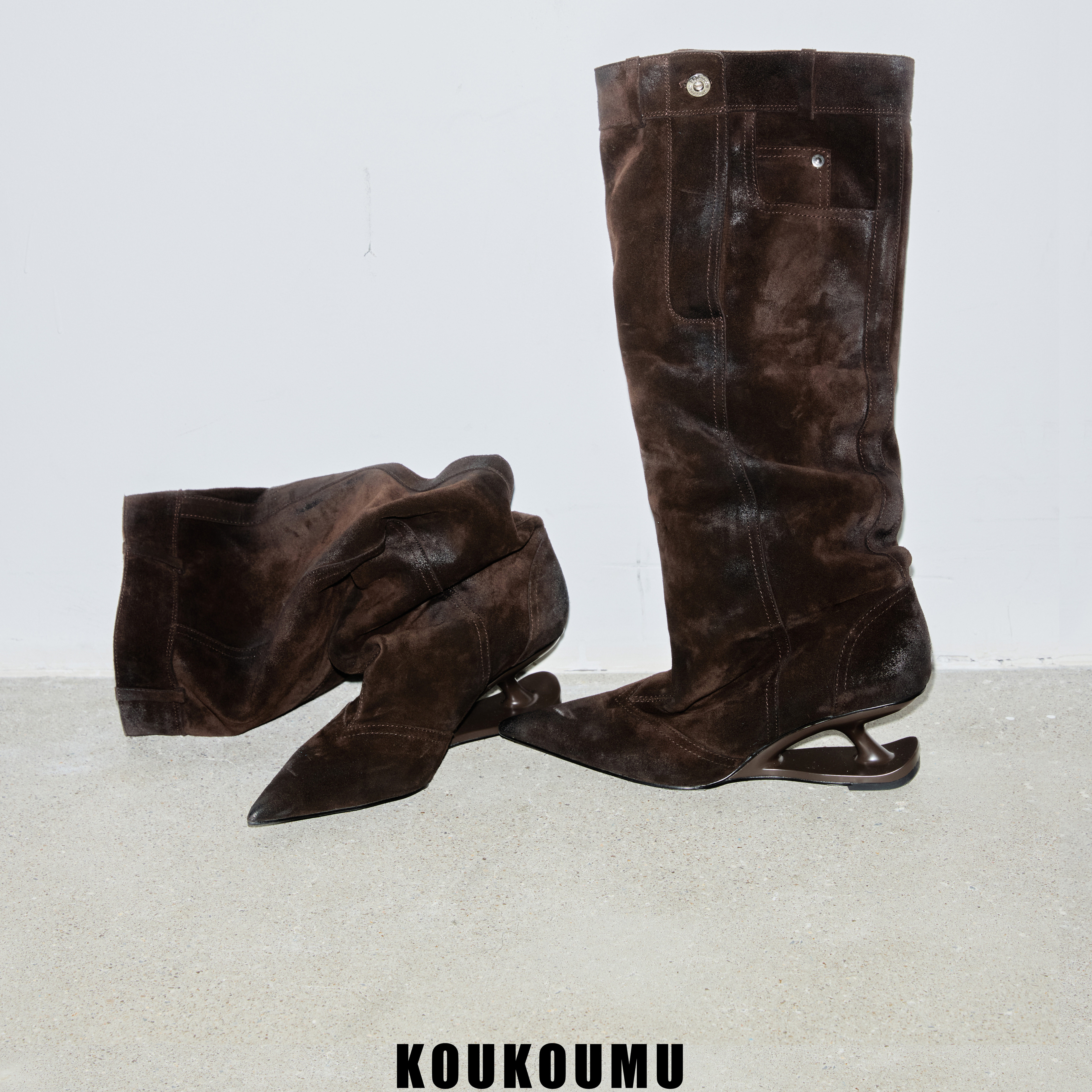 KOUKOUMU 秋冬小牛皮裤筒设计 宽筒堆堆靴 尖头 悬浮跟 高跟长靴