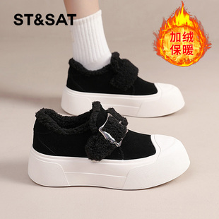 星期六官方正品女鞋2024冬款4.5CM厚底毛毛鞋加绒勃肯鞋面包鞋