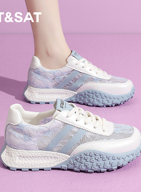 星期六蓝色蕾丝透气阿甘德训鞋女款2025夏季新款3.5CM跑步运动鞋