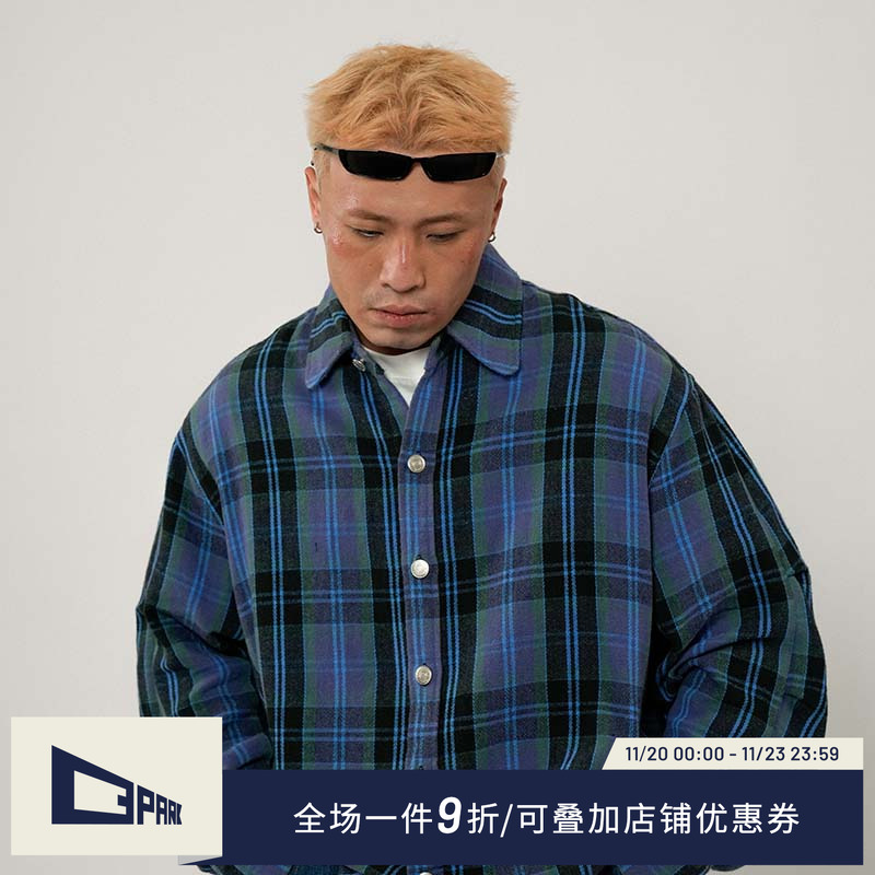 蓝色格子衬衫重磅宽松cleanfit