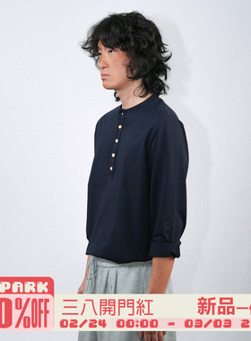 O3PARK秋季新款日系休闲无领polo衫复古阿美咔叽亨利领长袖T恤