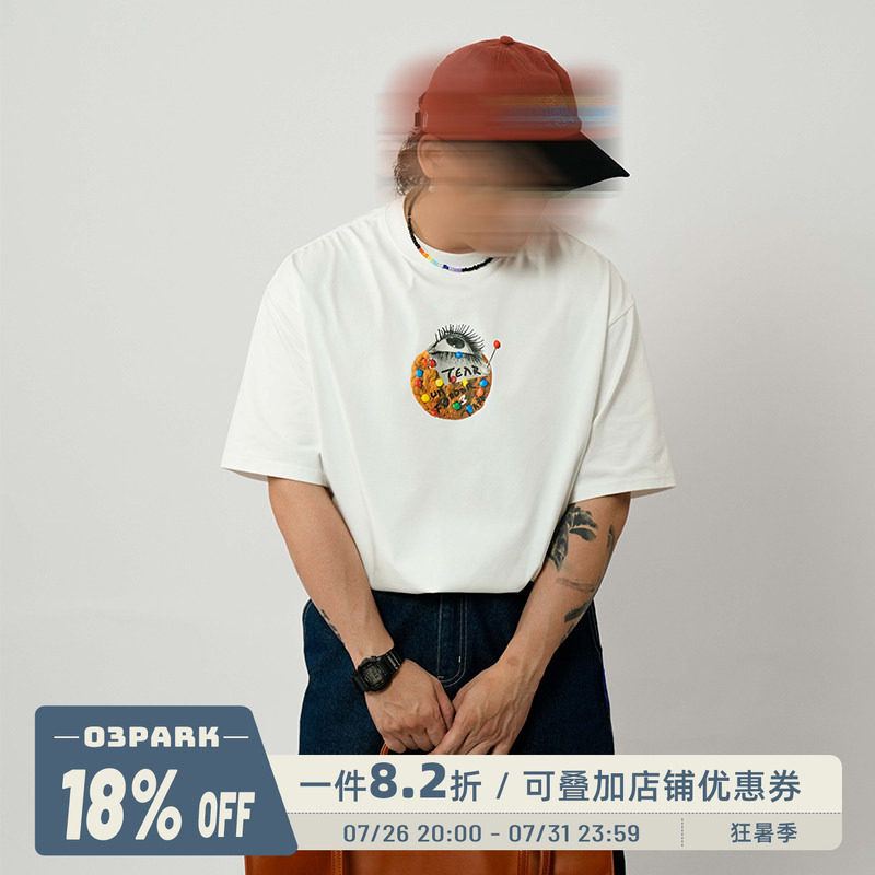 O3PARK夏季新款索洛纳速干凉感短袖宽松百搭彩虹眼泪饼干印花T恤