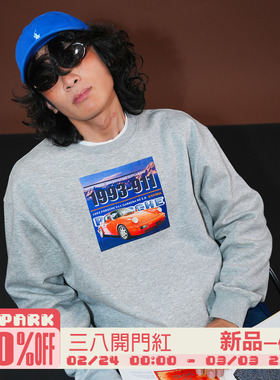 O3PARK秋新款百搭宽松圆领套头复古日系抽绳加绒薄款911印花卫衣