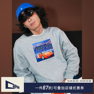 O3PARK秋新款 911印花卫衣 百搭宽松圆领套头复古日系抽绳加绒薄款